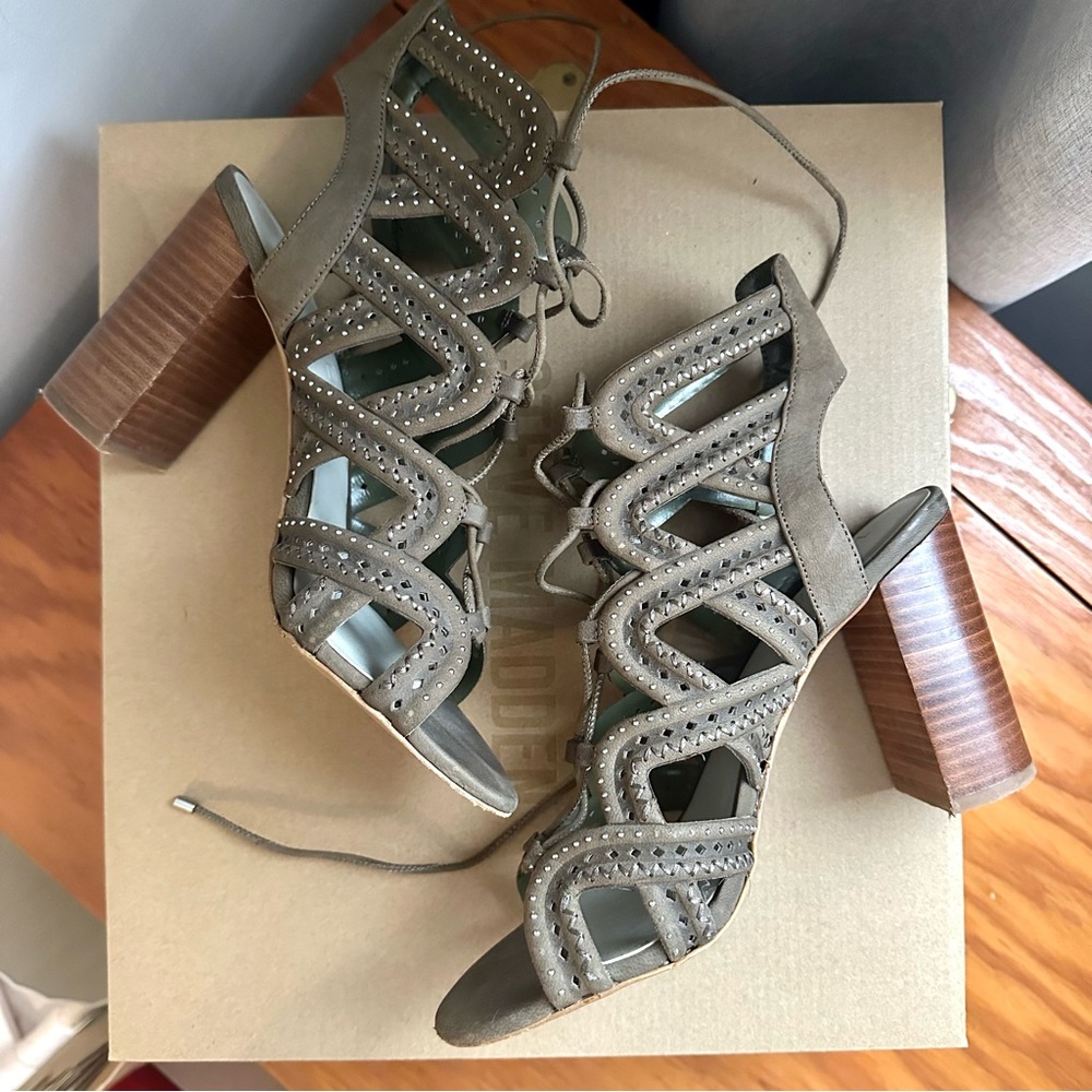 1. State Kayley Grasshopper Caged embellished lace up block heels, Size 8
